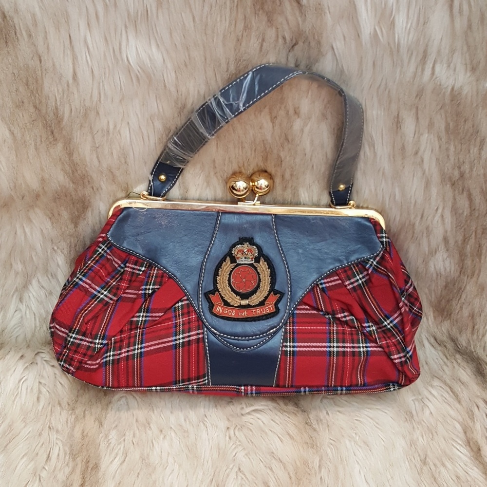 Red Plaid Purse With Royal Emblem -- Cleaned, & Sanitized